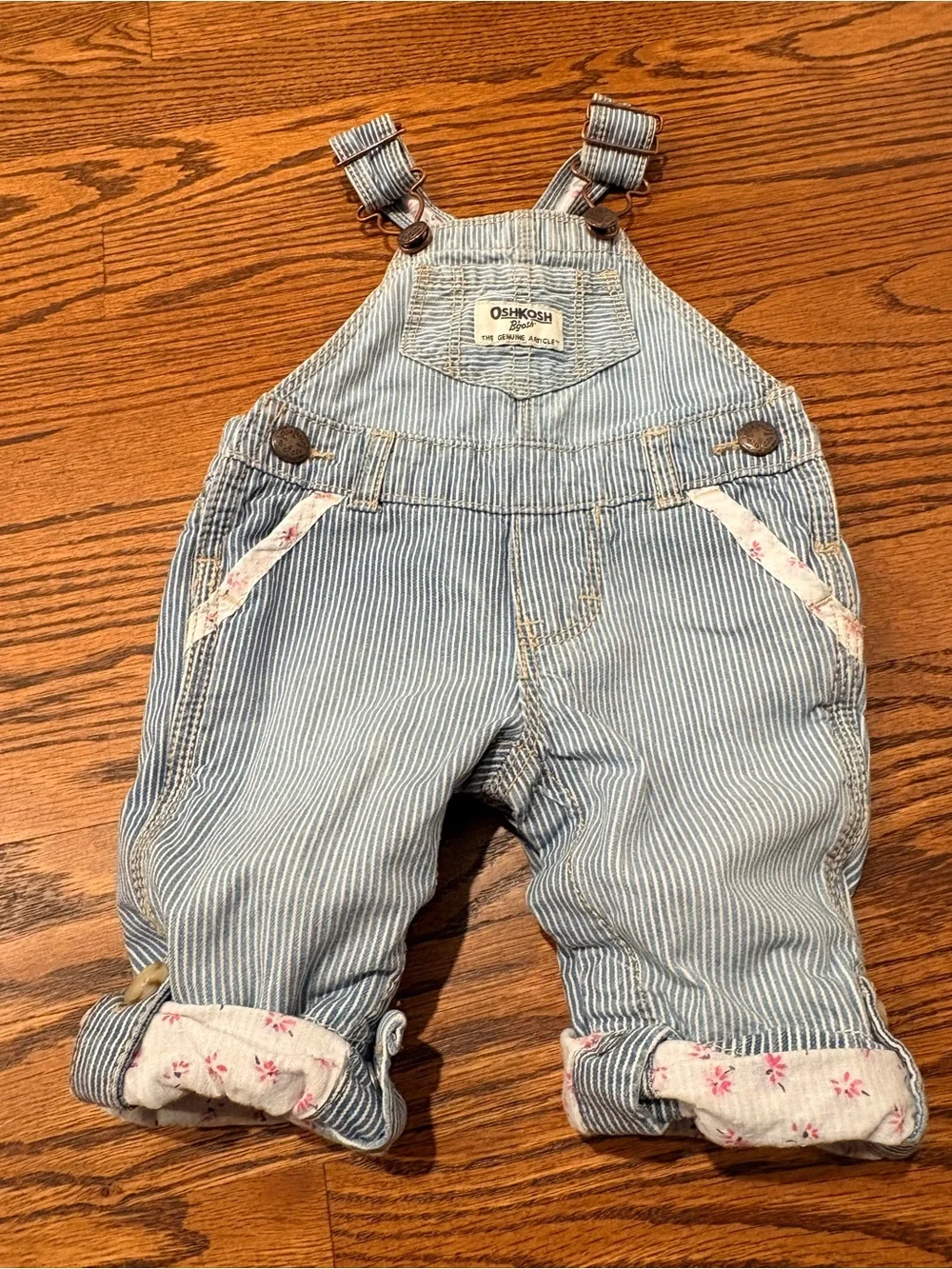 OshKosh B'gosh Light Blue Pinstripe Baby Overalls with Floral Trim